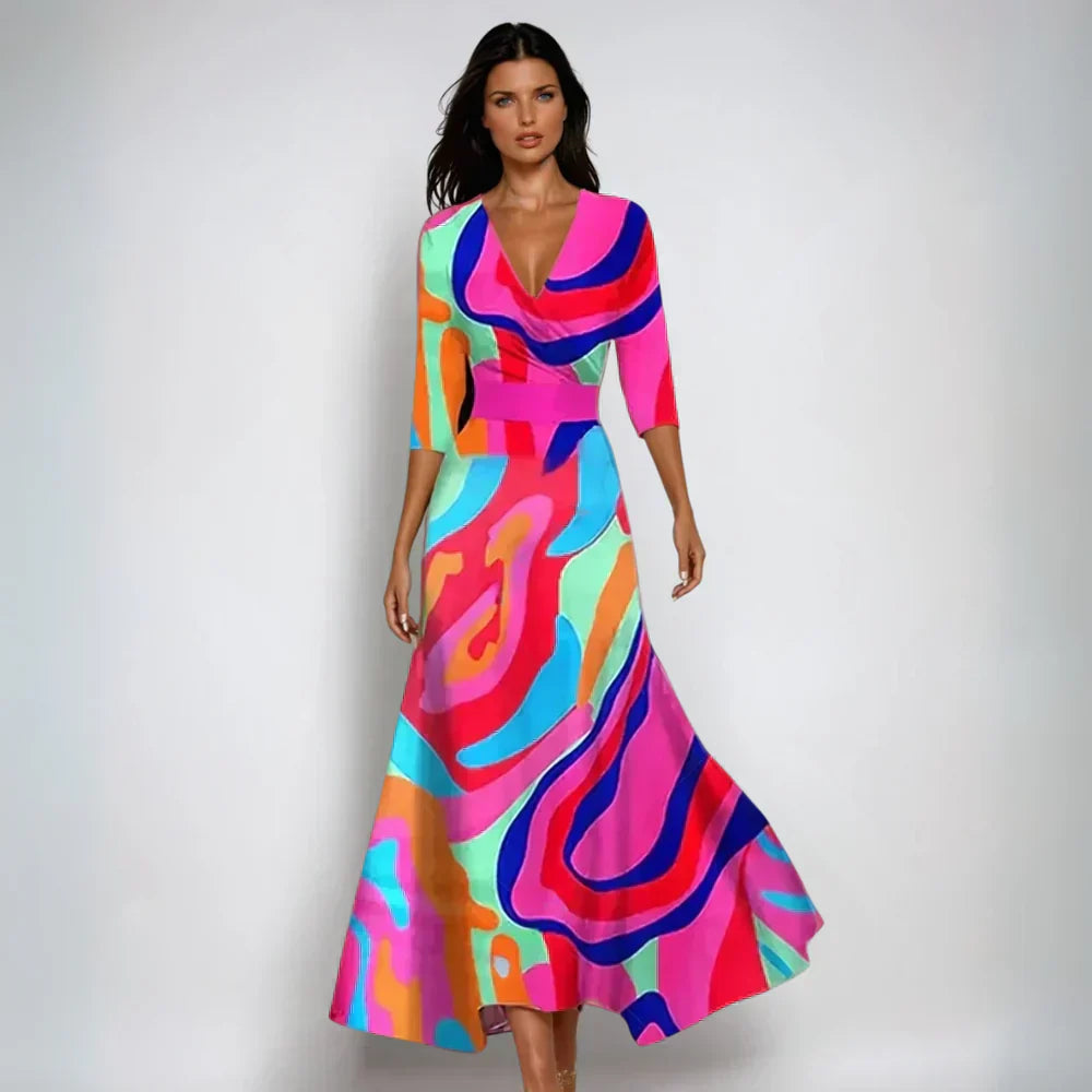 Elegant Printed V-Neck Maxi Dress