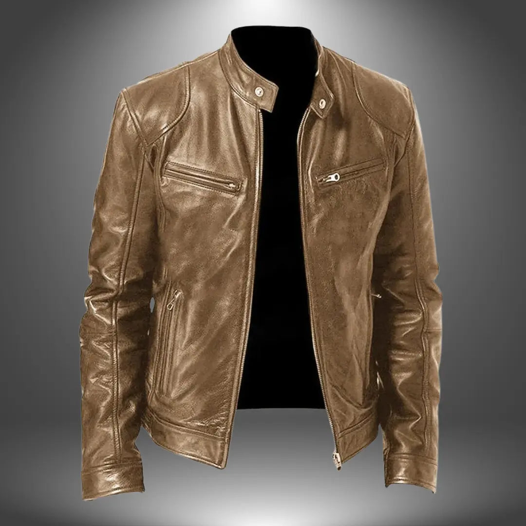 Leather Biker Jacket – Zip-Up with Stand Collar and Pockets