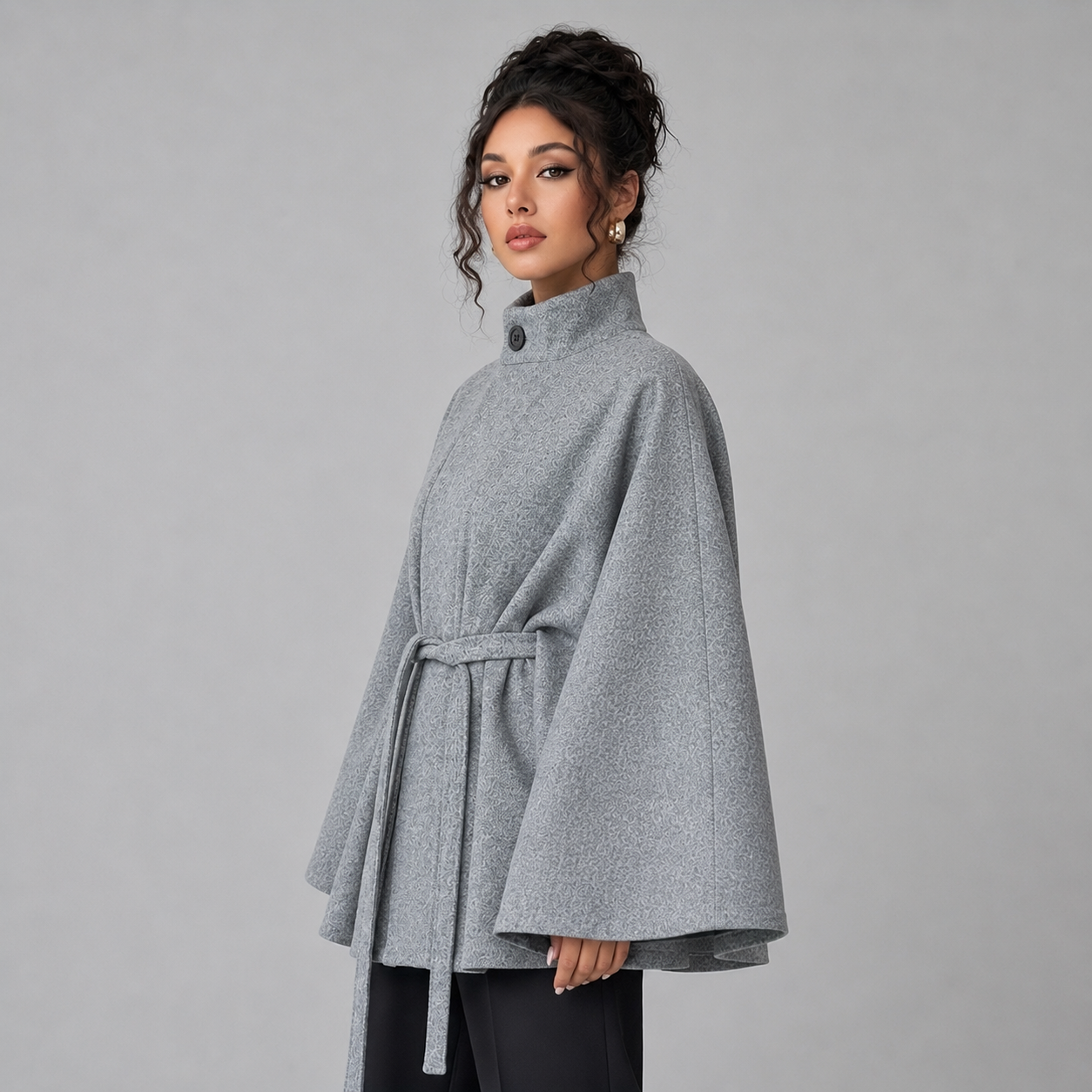 Cape Coat Belted Stand Collar