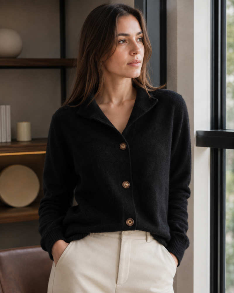 Luz Buttoned Cardigan Soft Knit with High Neck and Long Sleeves