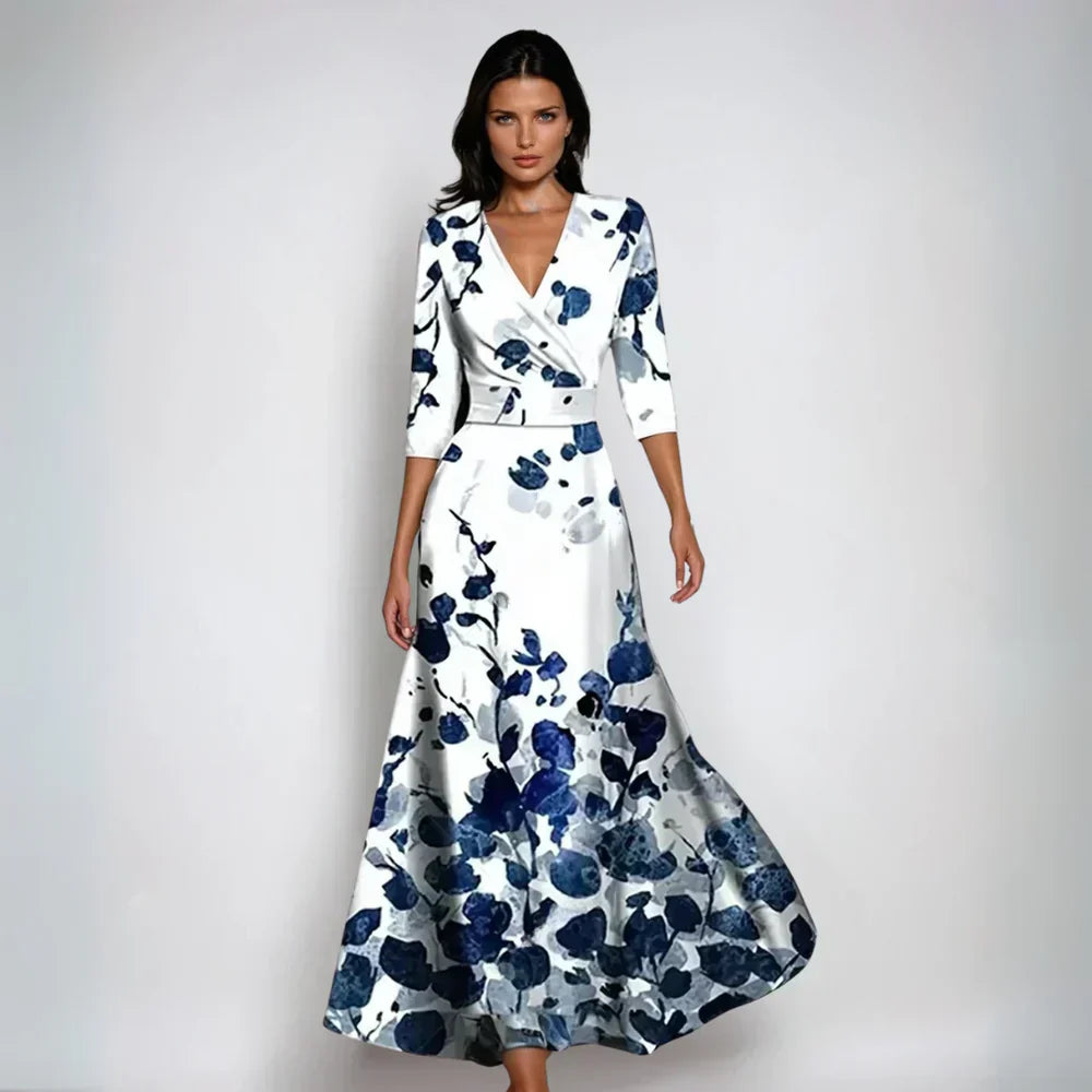 Elegant Printed V-Neck Maxi Dress