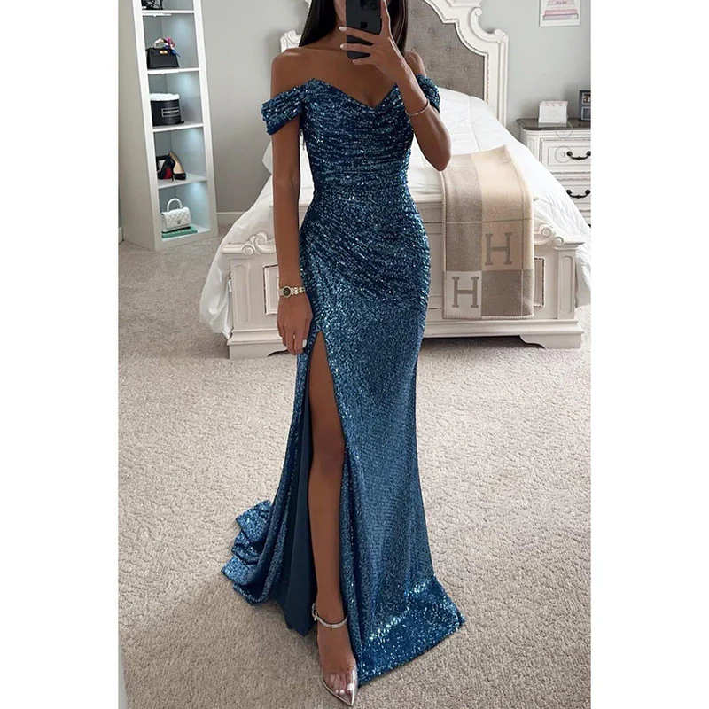 Off-Shoulder Sequin Maxi Gown