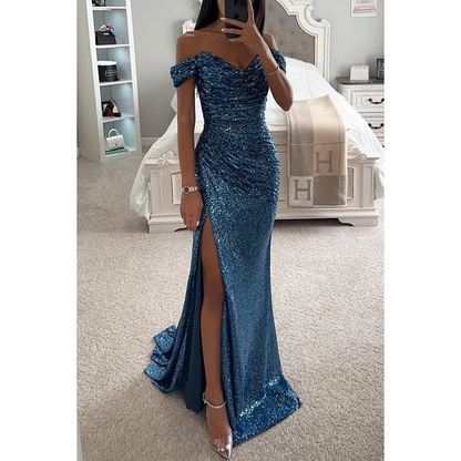 Off-Shoulder Sequin Maxi Gown