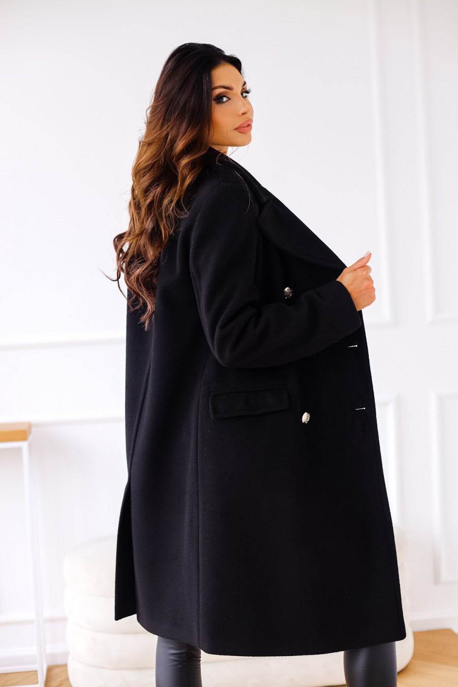 Long Wool Coat with Golden Buttons
