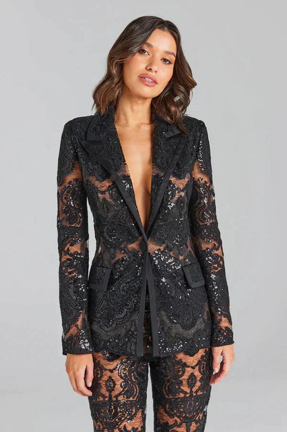 Lace Blazer & Flared Pants Set
