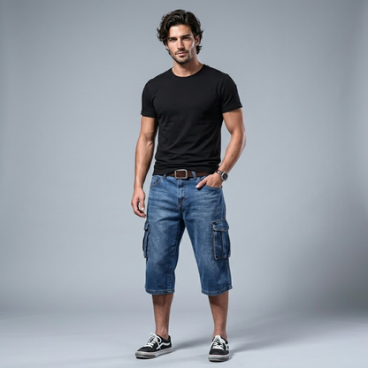 Loose Fit Multi Pocket Denim Cargo Shorts
