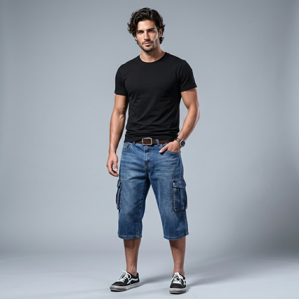 Loose Fit Multi Pocket Denim Cargo Shorts