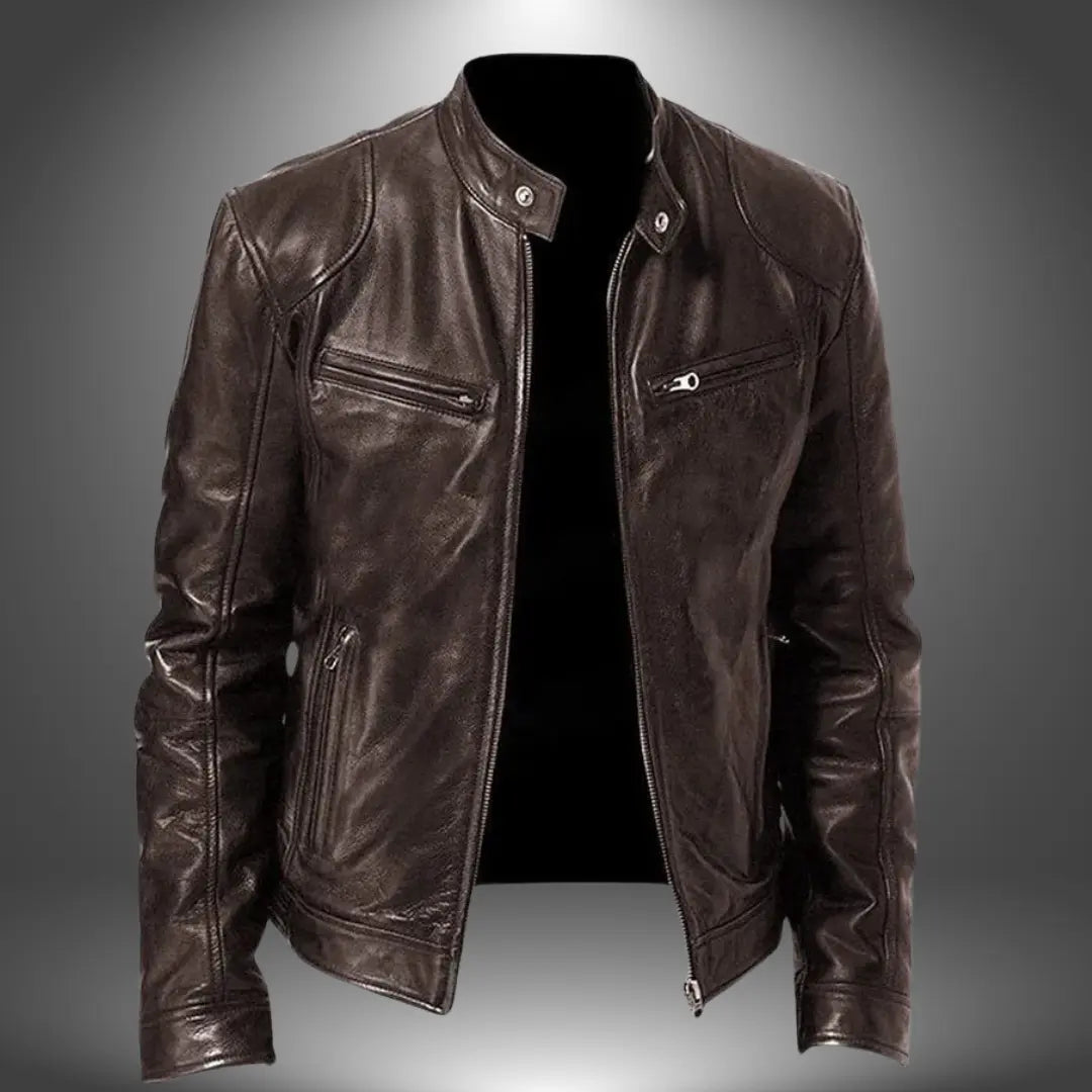 Leather Biker Jacket – Zip-Up with Stand Collar and Pockets