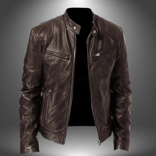 Leather Biker Jacket – Zip-Up with Stand Collar and Pockets