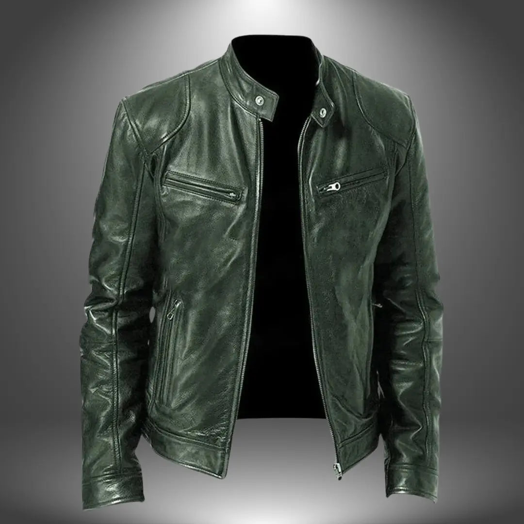 Leather Biker Jacket – Zip-Up with Stand Collar and Pockets