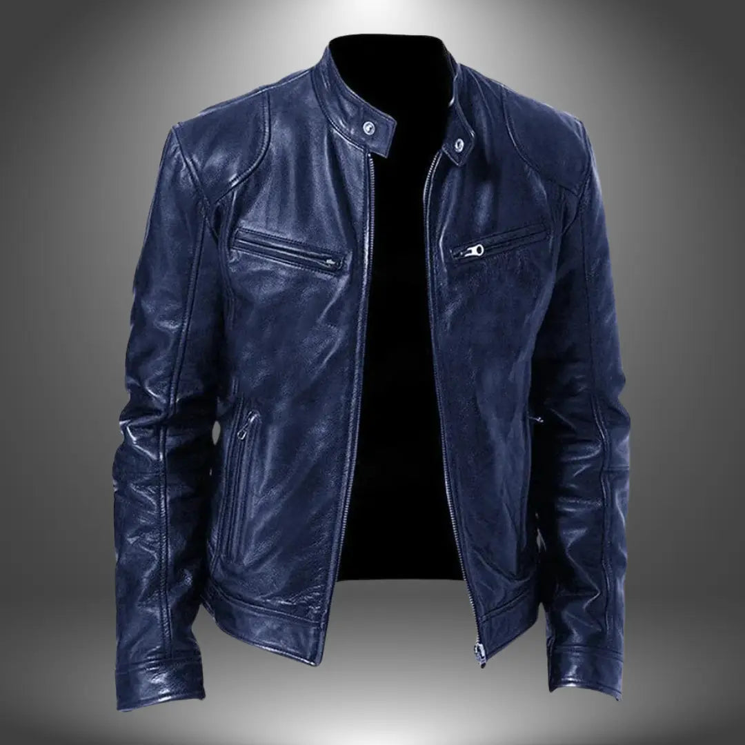 Leather Biker Jacket – Zip-Up with Stand Collar and Pockets