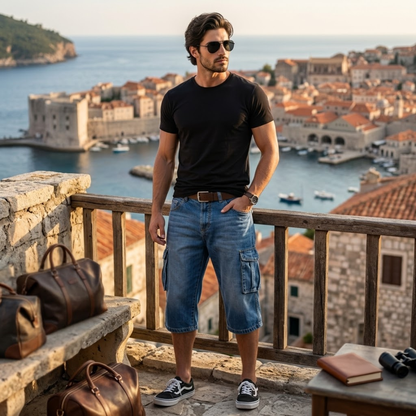 Loose Fit Multi Pocket Denim Cargo Shorts