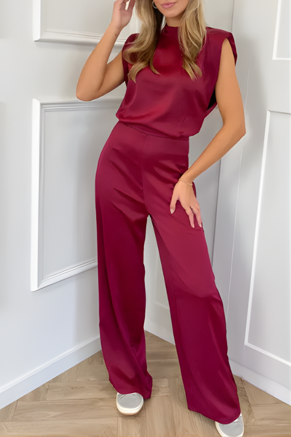 Chic Sleeveless Jumpsuit High Neck Wide Leg