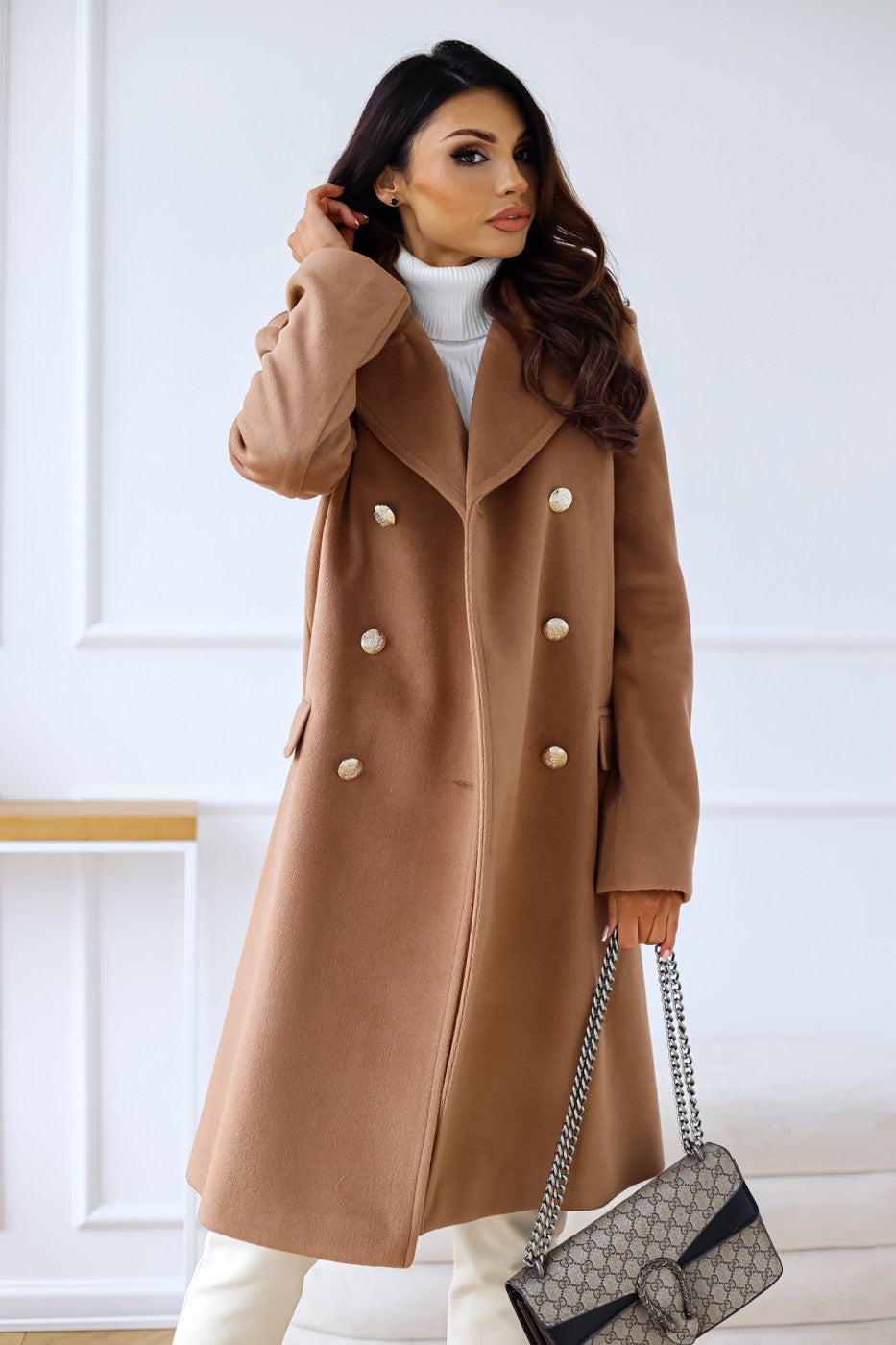 Long Wool Coat with Golden Buttons