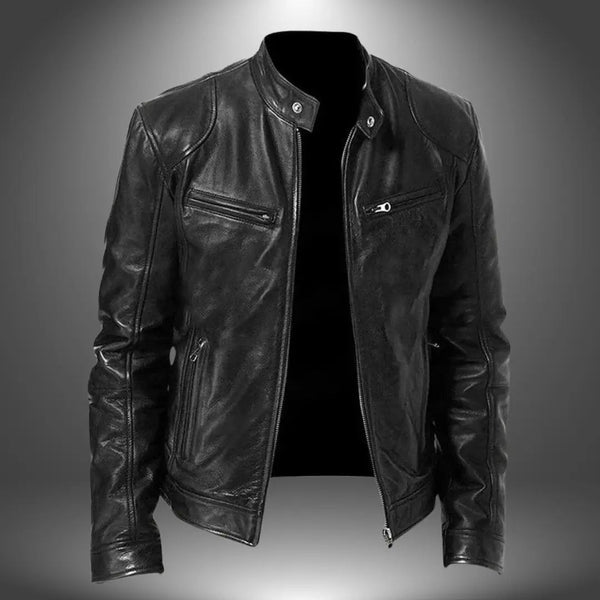Leather Biker Jacket – Zip-Up with Stand Collar and Pockets