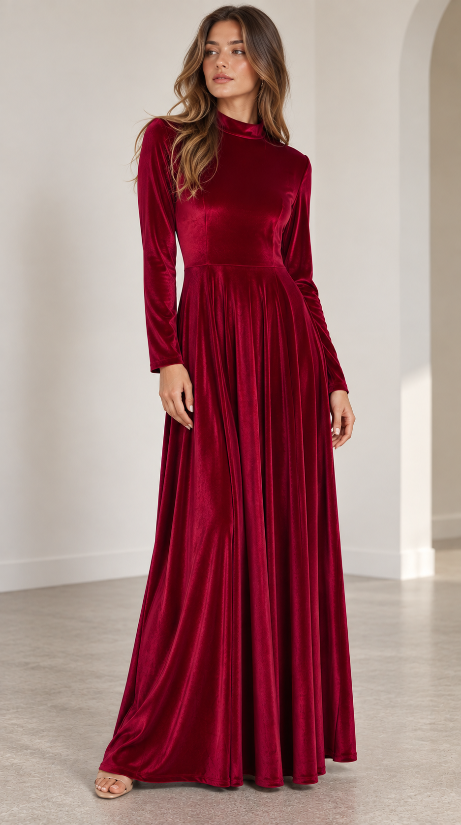 Albane Long-Sleeve Velvet A-Line Midi Dress