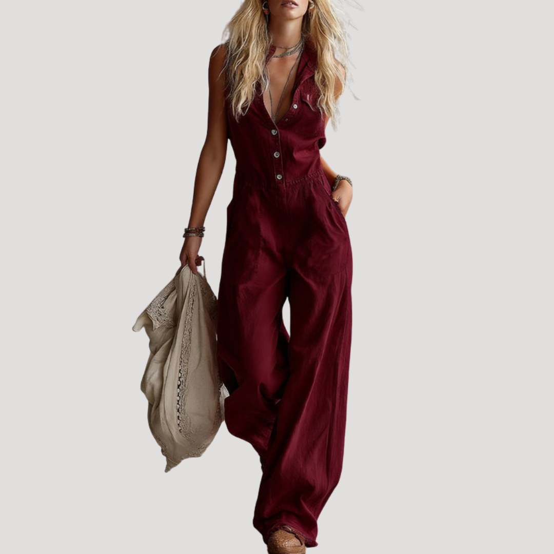 Casual Button Front Wide Leg Jumpsuit
