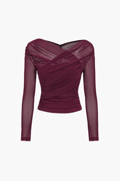 Ruched Mesh Long Sleeve Top