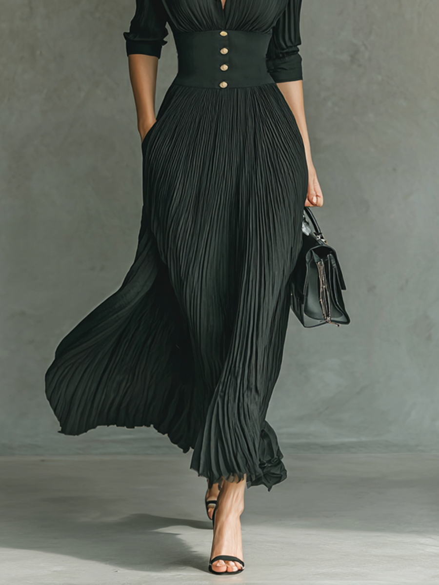 Pleated Lapel Waist Maxi Dress