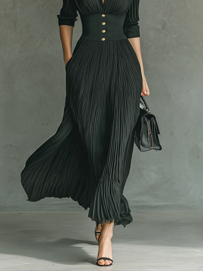 Pleated Lapel Waist Maxi Dress