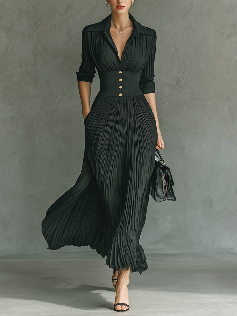 Pleated Lapel Waist Maxi Dress