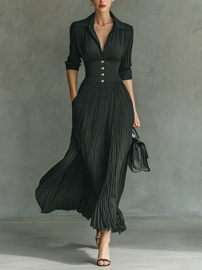 Pleated Lapel Waist Maxi Dress