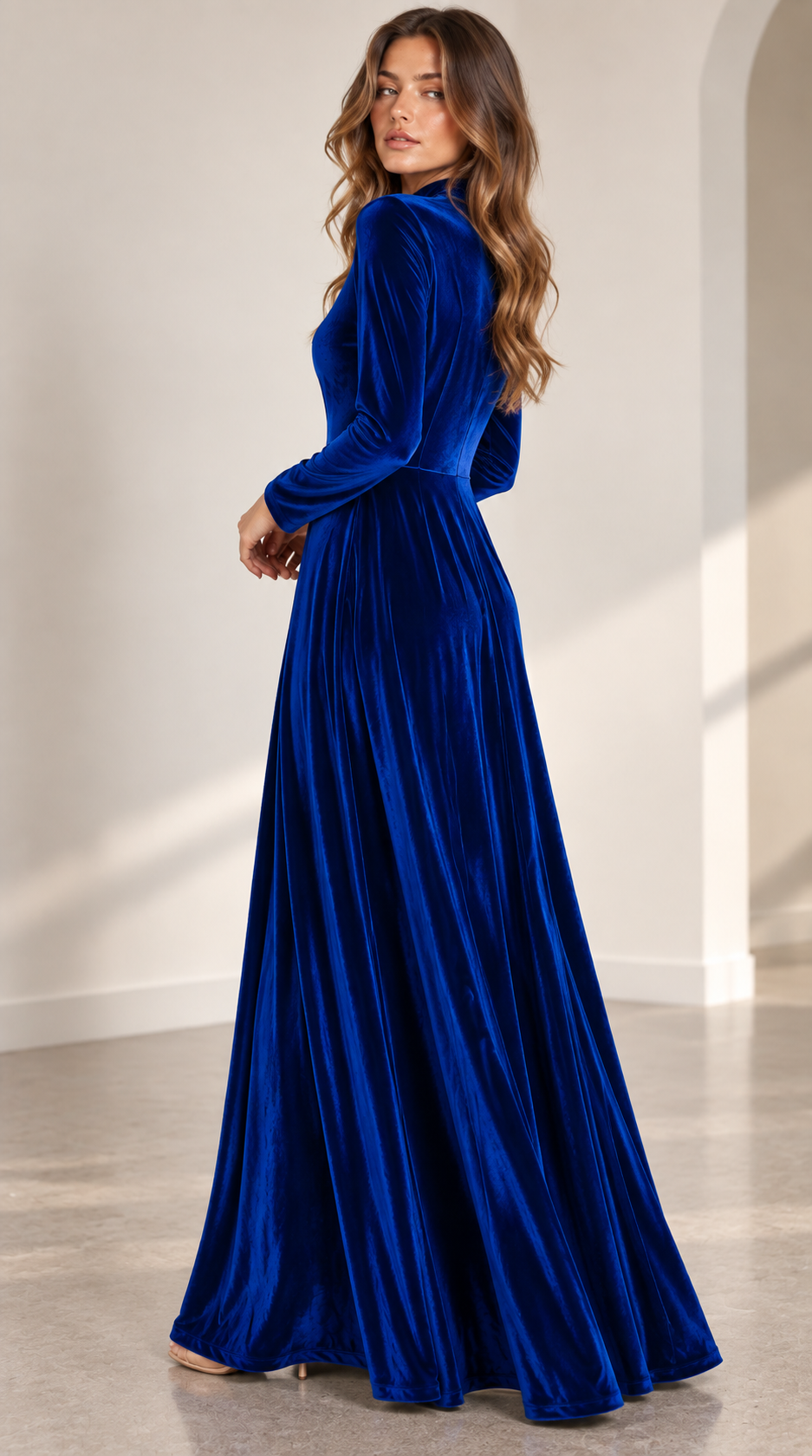 Albane Long-Sleeve Velvet A-Line Midi Dress
