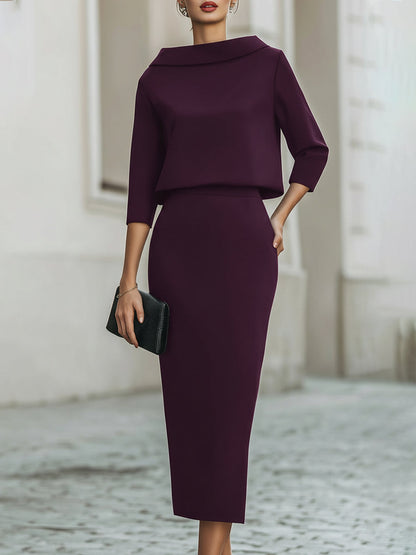 Boat Neck Top and Midi Skirt Set