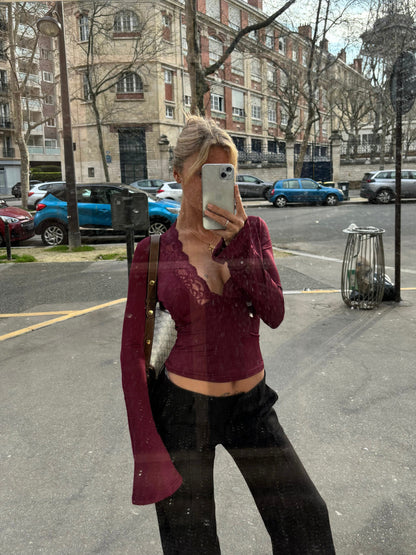 Long Sleeve Lace Trim Top