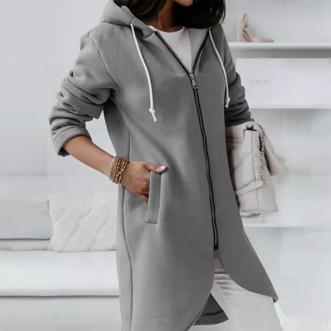 Casual Long Zip Up Hoodie with Curved Hem