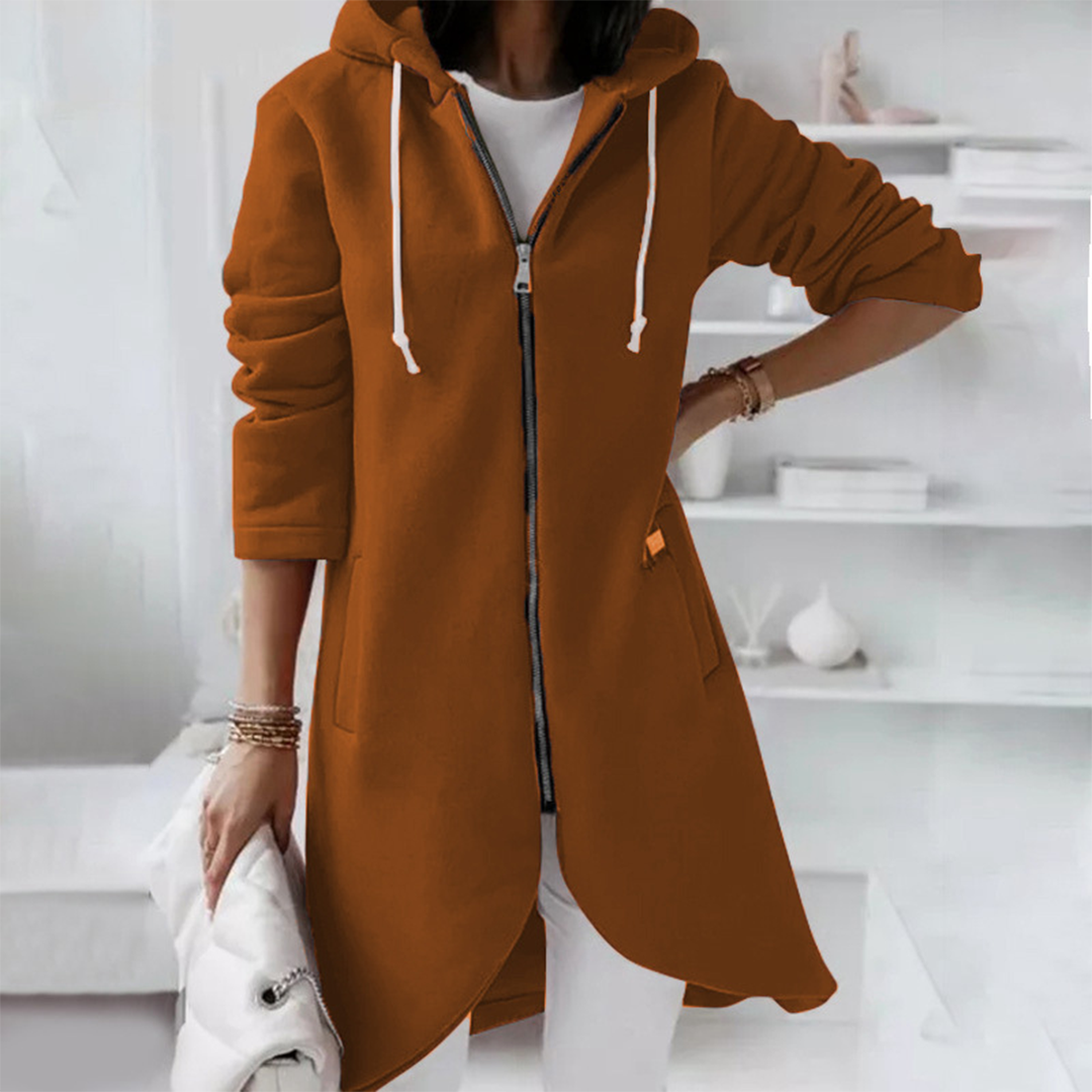 Casual Long Zip Up Hoodie with Curved Hem
