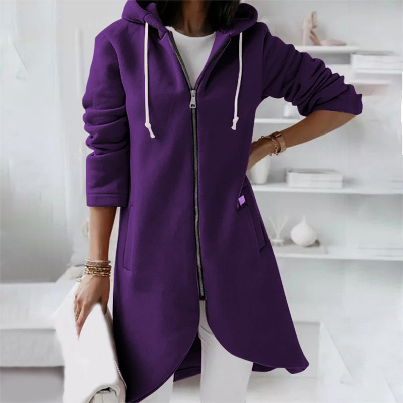 Casual Long Zip Up Hoodie with Curved Hem