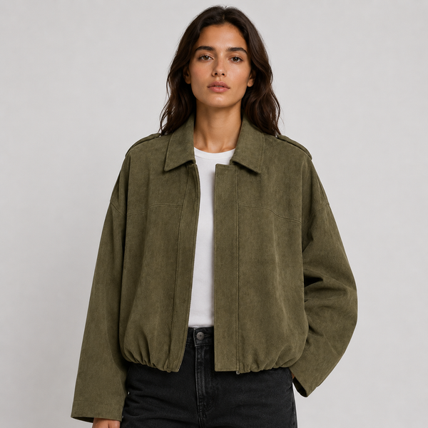 Faux Suede Bomber Jacket with Collar
