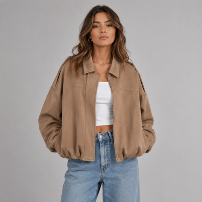 Faux Suede Bomber Jacket with Collar