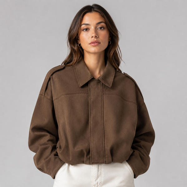 Faux Suede Bomber Jacket with Collar