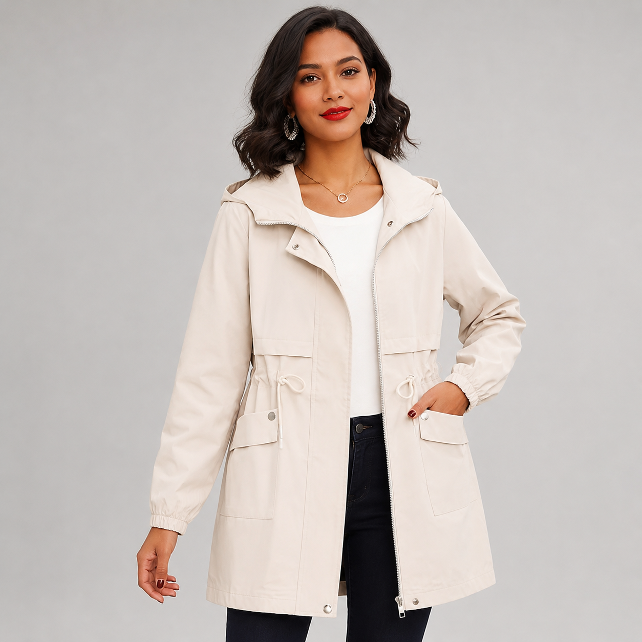 Hooded Trench Coat Drawstring Waist