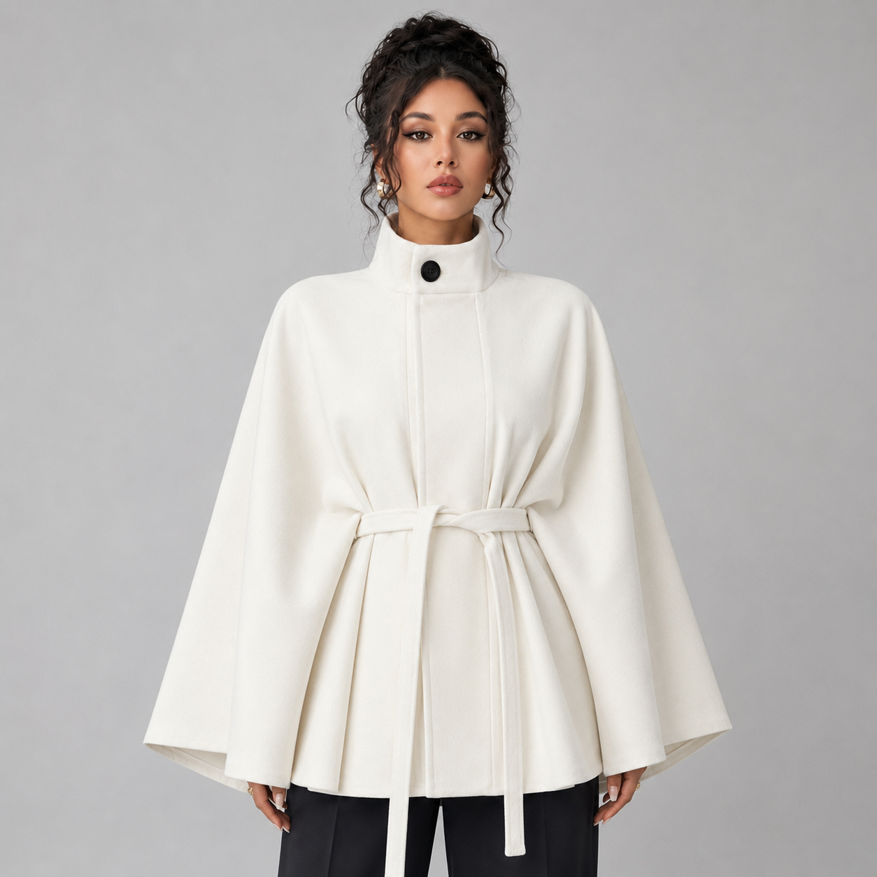 Cape Coat Belted Stand Collar