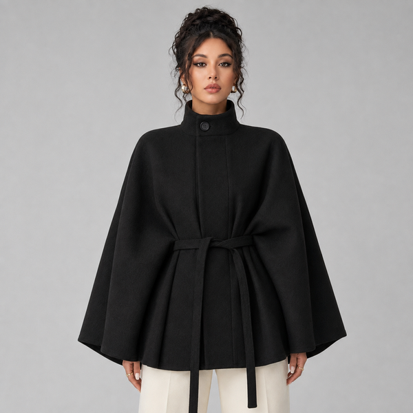 Cape Coat Belted Stand Collar