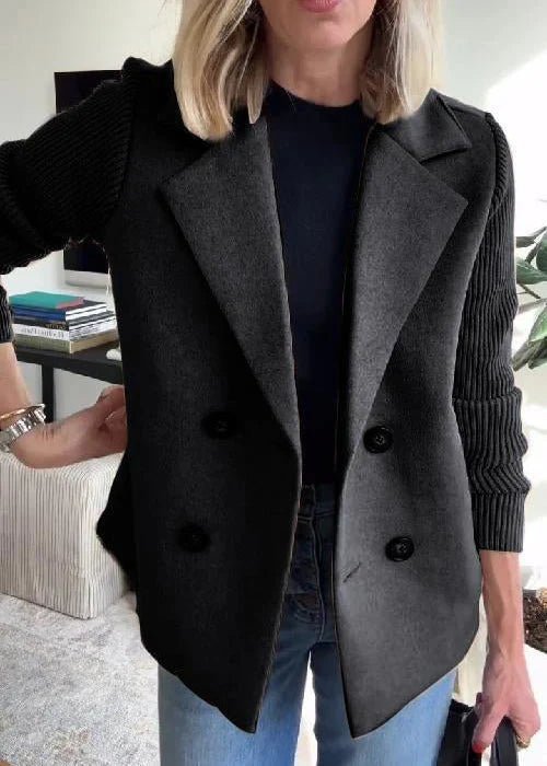 Double Breasted Blazer with Ribbed Knit Sleeves