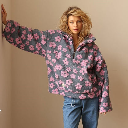 Oversized Floral Teddy Fleece Jacket with Half Zip