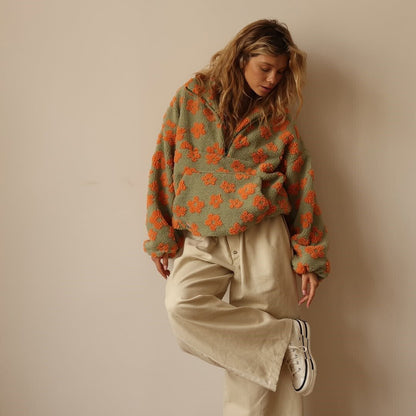 Oversized Floral Teddy Fleece Jacket with Half Zip