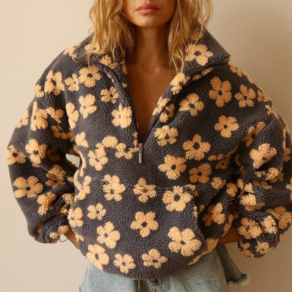 Oversized Floral Teddy Fleece Jacket with Half Zip