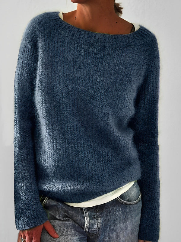 Fluffy Knit Sweater with Wide Round Neckline