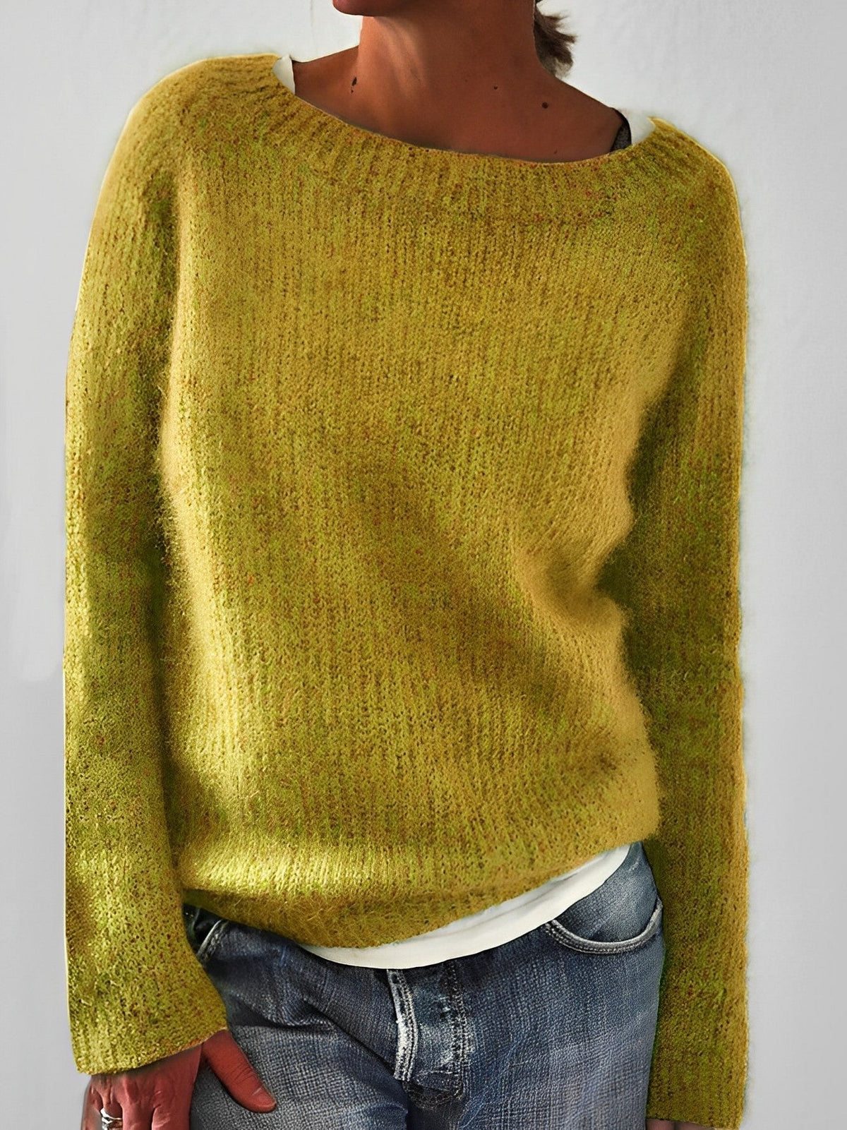Fluffy Knit Sweater with Wide Round Neckline