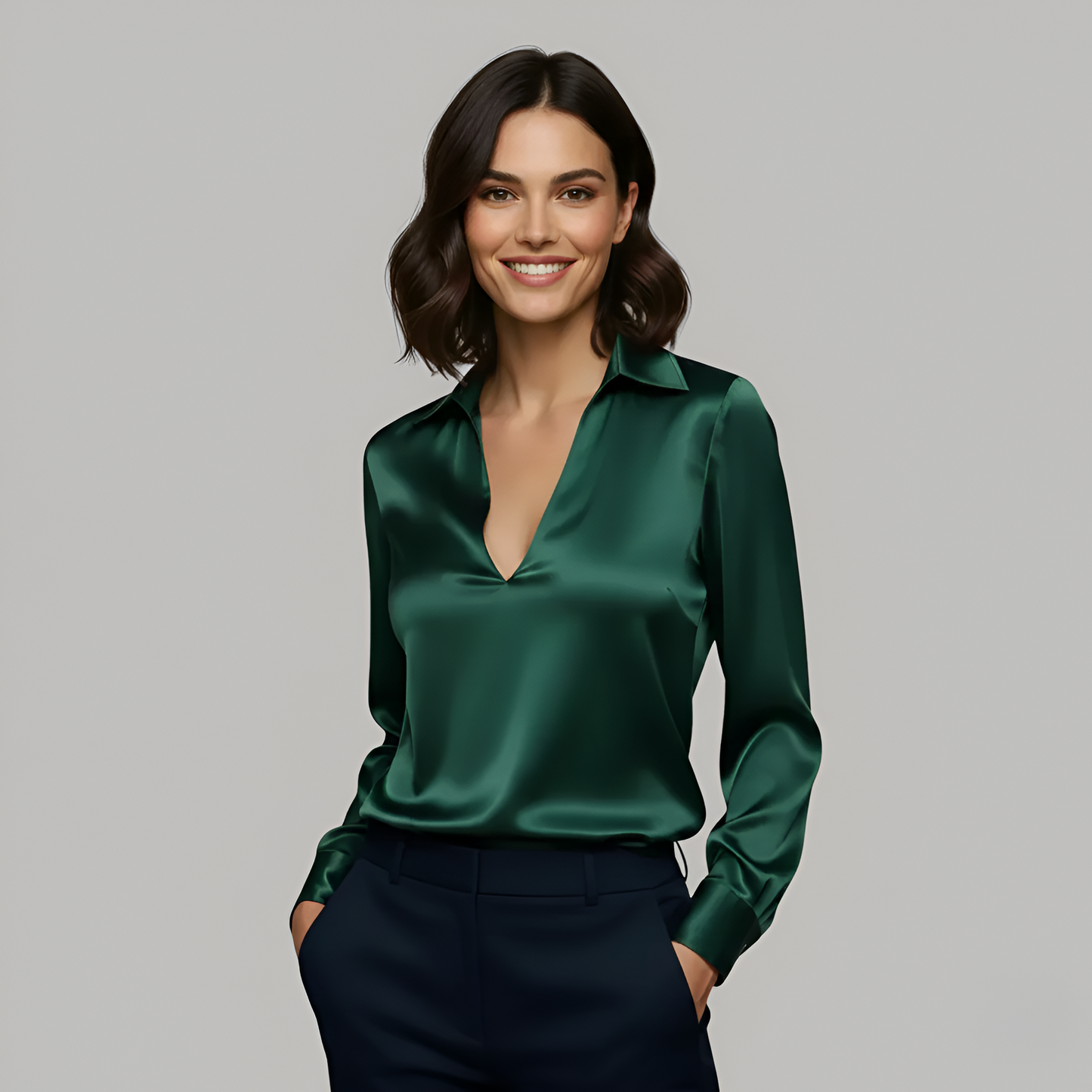Fashion satin blouse with V-neck