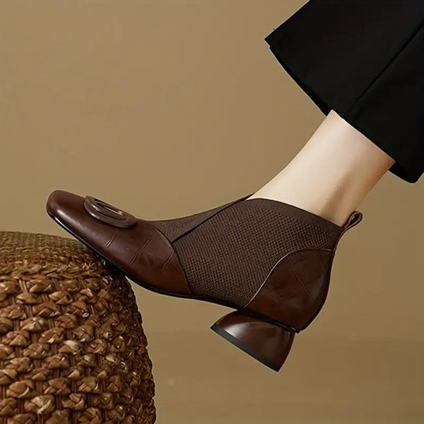 Heeled Leather Ankle Boots with Knit Panel and Square Toe