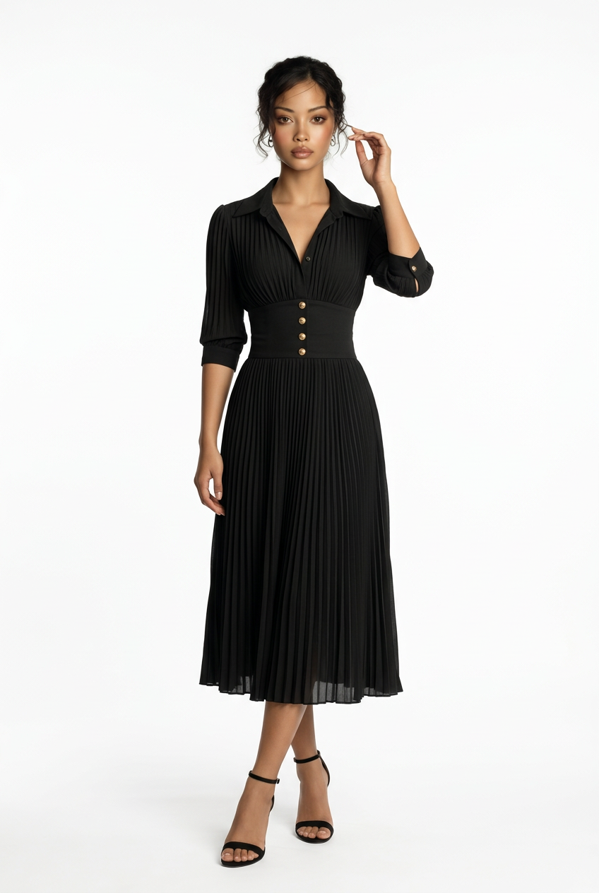 Pleated Lapel Waist Maxi Dress