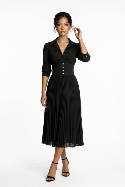 Pleated Lapel Waist Maxi Dress
