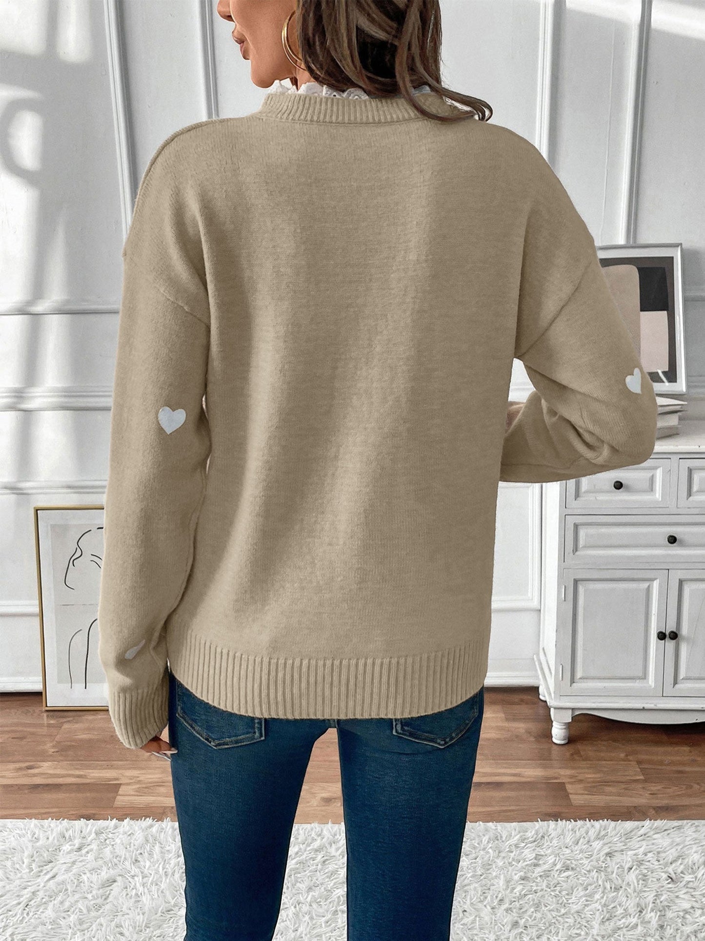 Knit Sweater with Heart Print and Lace Trim V-Neckline