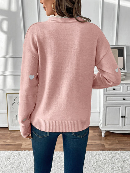Knit Sweater with Heart Print and Lace Trim V-Neckline